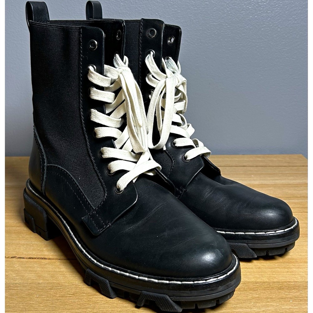 Rag & Bone Black Leather Elastic Sides White Laces Shiloh Combat Ankle Boots